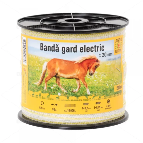 Bandă gard electric - 20 mm - 200 m - 90 kg - 0,4 Ω/m