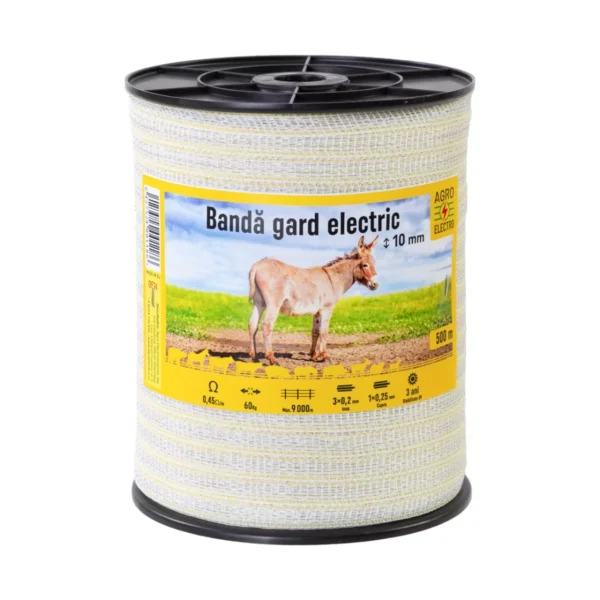 Bandă gard electric - 10 mm - 500 m - 60 kg - 0,45 Ω/m