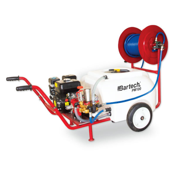Atomizor 100l cu motor termic,6,5 cp, tambur și furtun de presiune 25m, 8mm, 75 bar